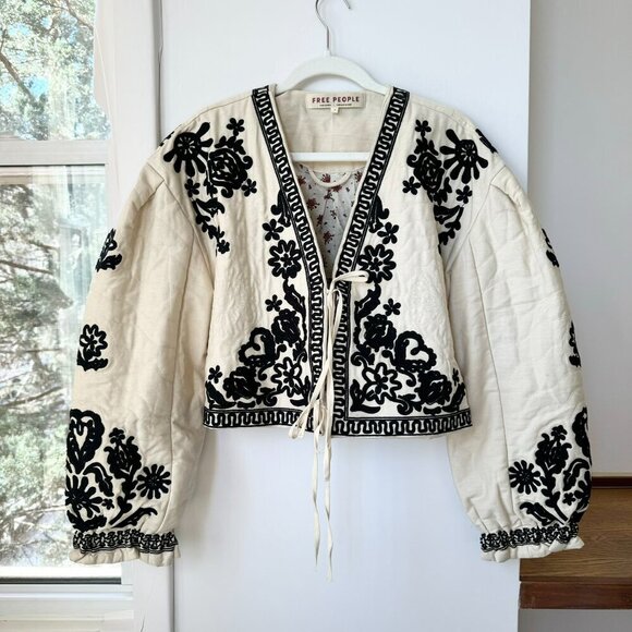 Free People Bali Mabel Jacket Quilted Embroidered Cropped in Cream Black - Picture 1 of 17